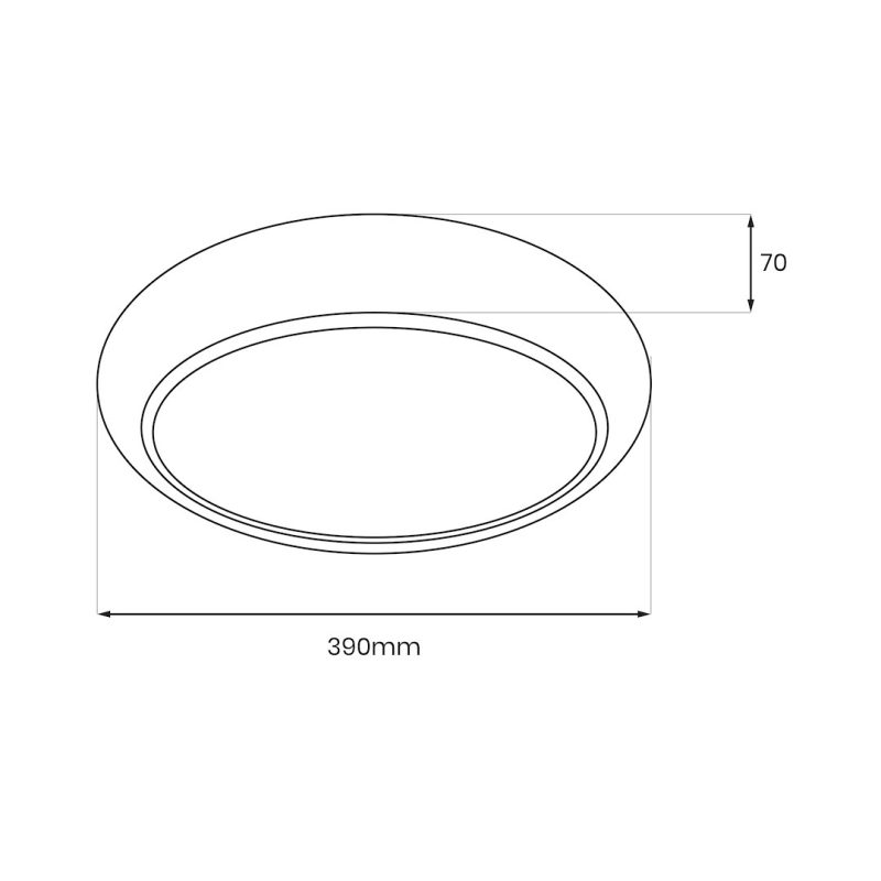 Circular ceiling light fixture with two concentric rings, diameter 390 mm and outer height 70 mm (technical drawing). Alternative text for a product diagram showing dimensions 390mm wide and 70mm tall.