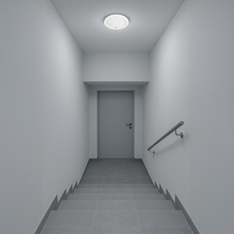 Narrow stairwell with gray walls and tiled steps leading to a gray door at the end, with a metal handrail on the right and a ceiling light.