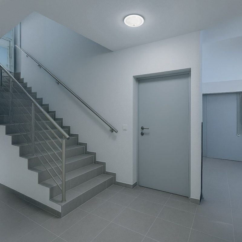 Stairwell in a modern building with gray tiled steps and metal handrails beside a gray exit door on the right.