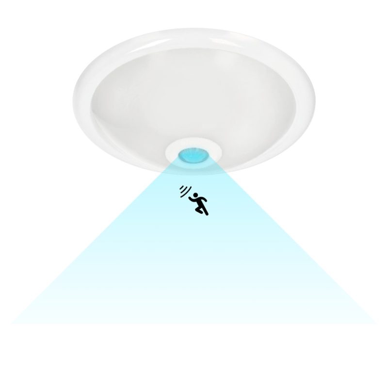 Round ceiling motion sensor emitting a blue detection cone with a running figure icon