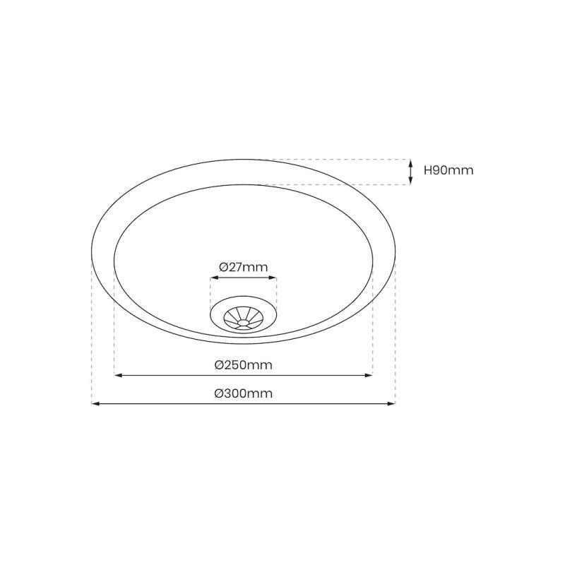 2D technical drawing of a round ceiling light showing overall diameter Ø300 mm, inner opening Ø250 mm, and central bore Ø27 mm with a height of 90 mm.