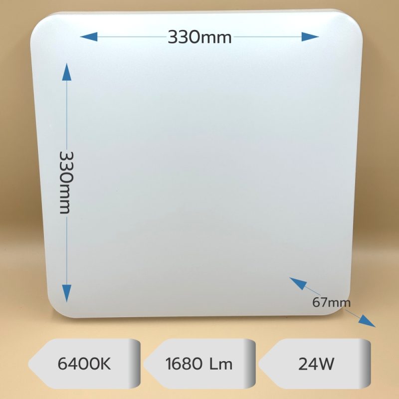 LED panel: white square 330mm by 330mm with 67mm depth; 24W, 1680 lumens, 6400K CCT (cool white).