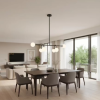 Modern dining room with a dark wood table and eight gray chairs, a contemporary chandelier, and large windows overlooking a balcony.