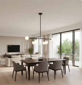 Modern dining room with a dark wood table and eight gray chairs, a contemporary chandelier, and large windows overlooking a balcony.