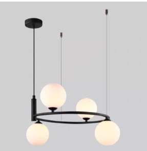 Modern black chandelier with five frosted glass globes hanging from a circular ring.