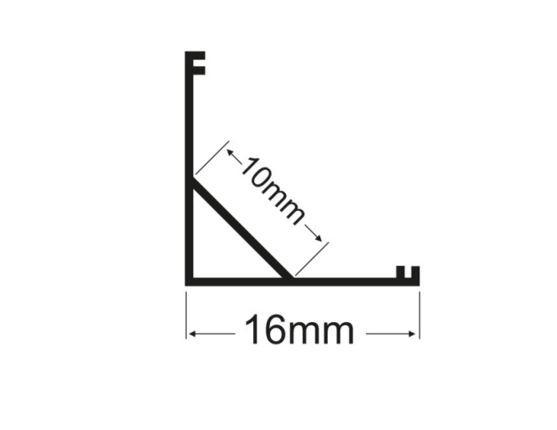 Technical diagram of an L-shaped bracket with a 10 mm diagonal inside and a 16 mm base in the bottom leg.