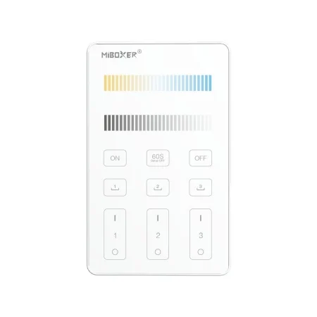White remote control displaying two color gradient bars near the top, MiBOXER logo, and rounded labeled buttons (ON/OFF, 60S, L1–L3, digits 1–3) for operating a device.