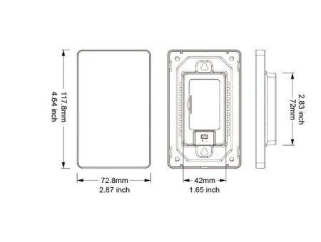 Technical drawing of a rectangular electronic device shown in three views (front, back, side). Front: 117 mm tall by 72.8 mm wide. Back: mounting area with overall width about 42 mm. Side view shows thickness about 28 mm. Includes dimensions for precise sizing.