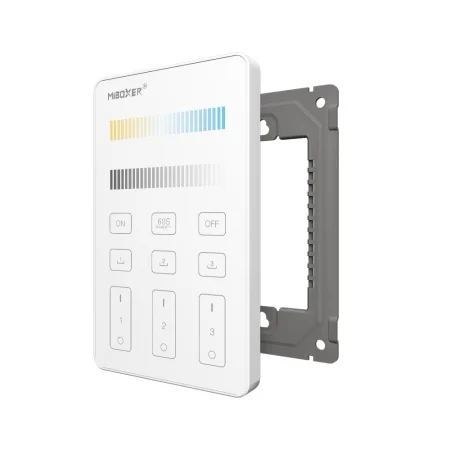 White wall-mounted control panel with multiple small buttons and two color-indicator bars, shown separated from its gray mounting plate.