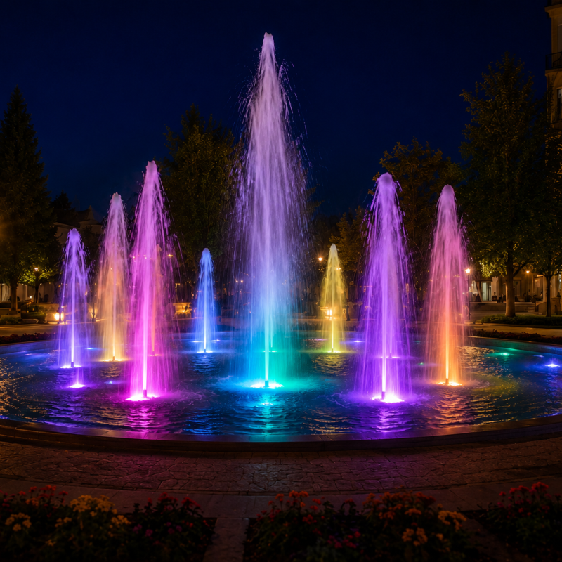 Nighttime fountain with colorful illuminated jets in a circular pool, surrounded by trees and buildings.