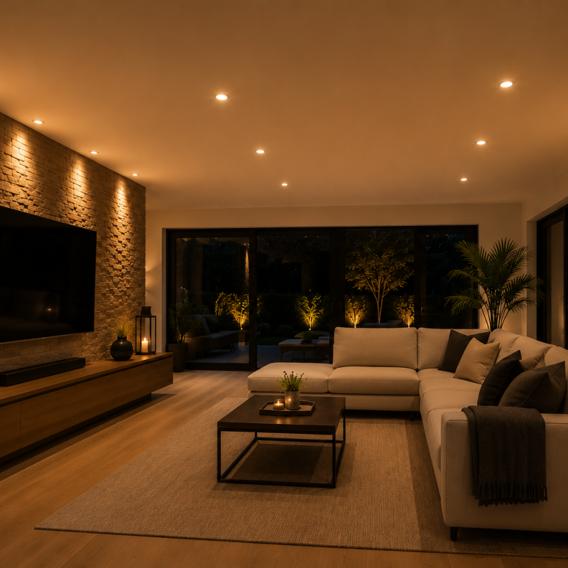 Warm, modern living room at night with a stone accent wall, large flat-screen TV, and an L-shaped beige sectional sofa.
