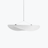 Minimalist white curved pendant light suspended by thin cables from a single cord