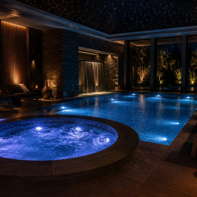 Luxurious indoor spa with a glowing circular hot tub in the foreground, a rectangular pool, candlelit loungers, and a starry ceiling above.