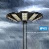 Circular outdoor LED street lamp on a pole in heavy rain, with IP65 rain protection emphasized in the image.