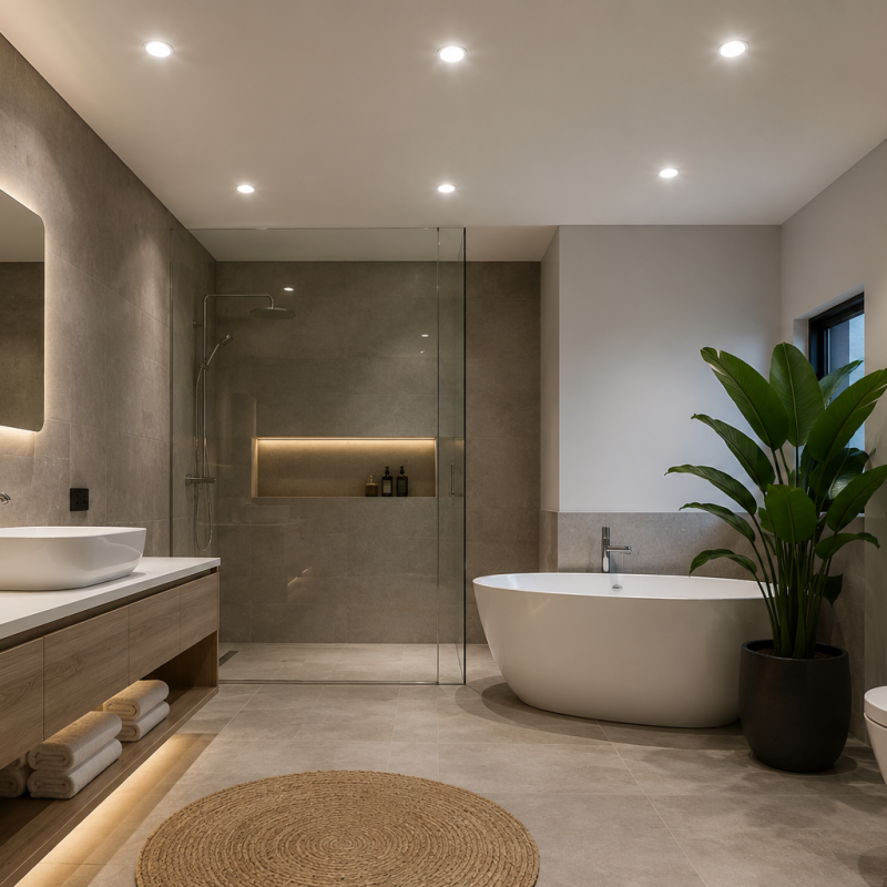 Modern bathroom with a backlit rectangular mirror, stone wall tiles, and a white vessel sink on a wooden vanity with towels stored below and small plants on the counter