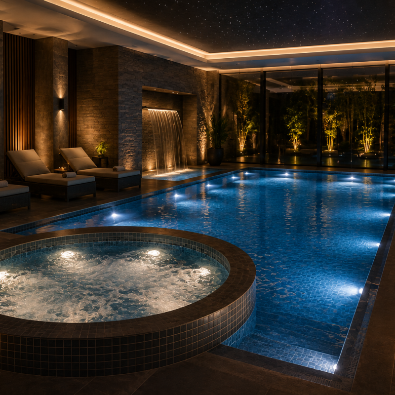 Indoor luxury spa pool at night with a circular hot tub, waterfall, and warm ambient lighting alongside lounge chairs and potted plants.