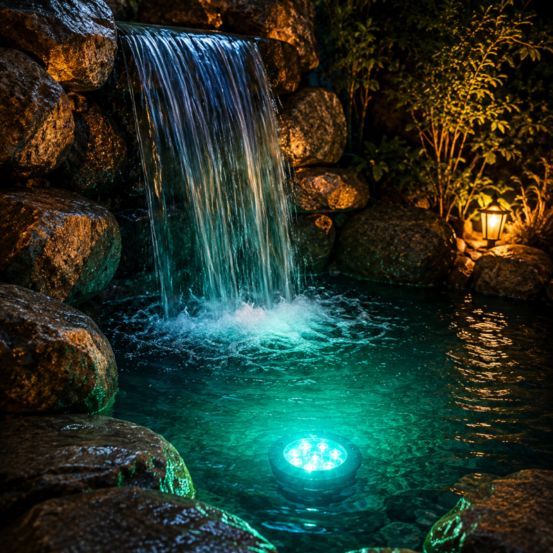 Nighttime rock waterfall spilling into a turquoise-lit pool, with a lantern-lit garden area on the right.