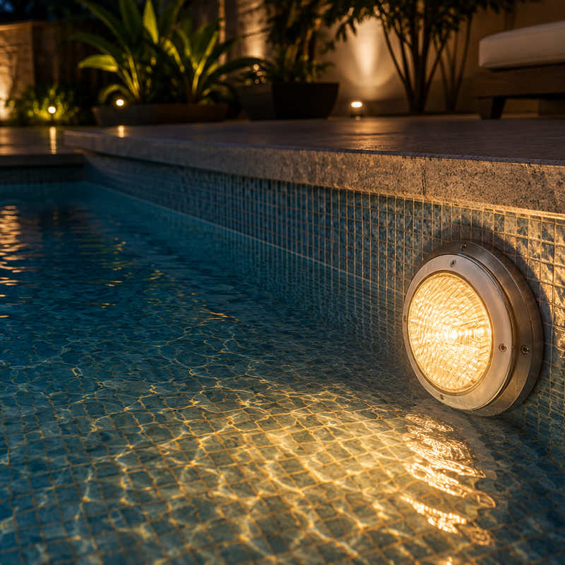Round underwater pool light glowing warm yellow along a blue tiled pool wall at night, with a deck and outdoor seating in the background.