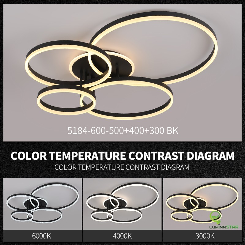 Modern ceiling light fixture with circular LED rings; shows color temperature comparison (6000K, 4000K, 3000K)./Infographic-style ring light illustrating different color temperatures and three thumbnails labeled 6000K, 4000K, 3000K.
