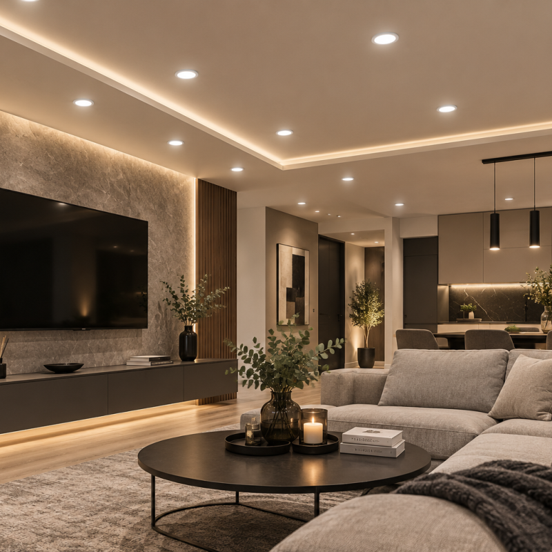 Modern open-concept living room with a wall-mounted TV, gray sofa, and round coffee table featuring candles and greenery.