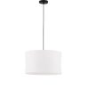 White cylindrical pendant light with a black cord hanging from the ceiling (drum shade)