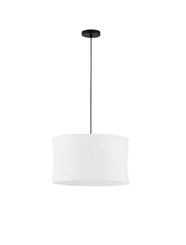 White cylindrical pendant light with a black cord hanging from the ceiling (drum shade)