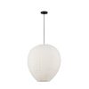 White fabric pendant lamp hanging from a black cord and round ceiling mount.