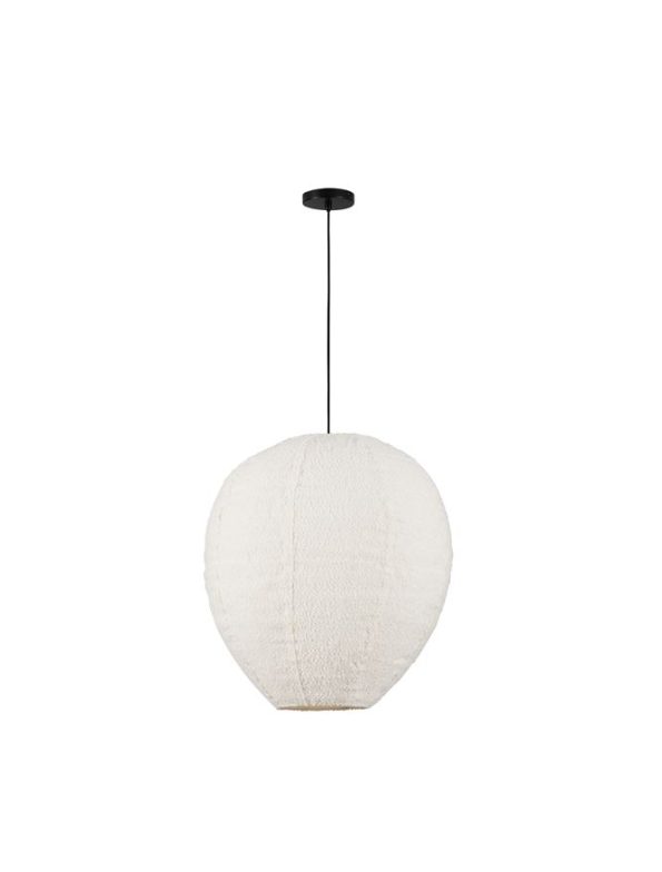 White fabric pendant lamp hanging from a black cord and round ceiling mount.