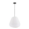 White paper lantern-style pendant light suspended by a black cord from the ceiling.