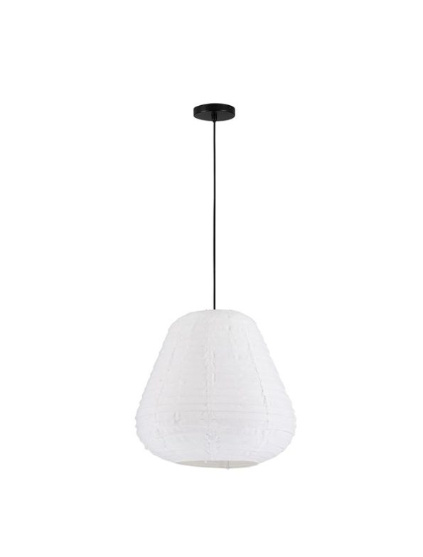 White paper lantern-style pendant light suspended by a black cord from the ceiling.