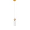 Minimalist pendant light with a white cylindrical shade, wooden bead accent, and a gold ceiling canopy.