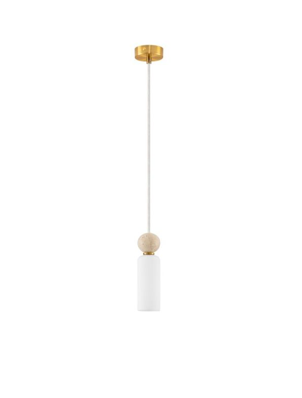 Minimalist pendant light with a white cylindrical shade, wooden bead accent, and a gold ceiling canopy.