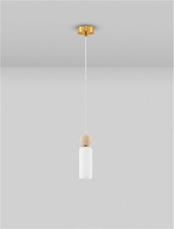 White cylindrical pendant light with a wooden bead, hanging from a cord from a gold ceiling canopy in a minimalist setting.