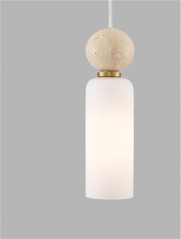 Pendant light fixture with a frosted white cylindrical shade and a beige spherical top, hanging from a cord against a gray background.