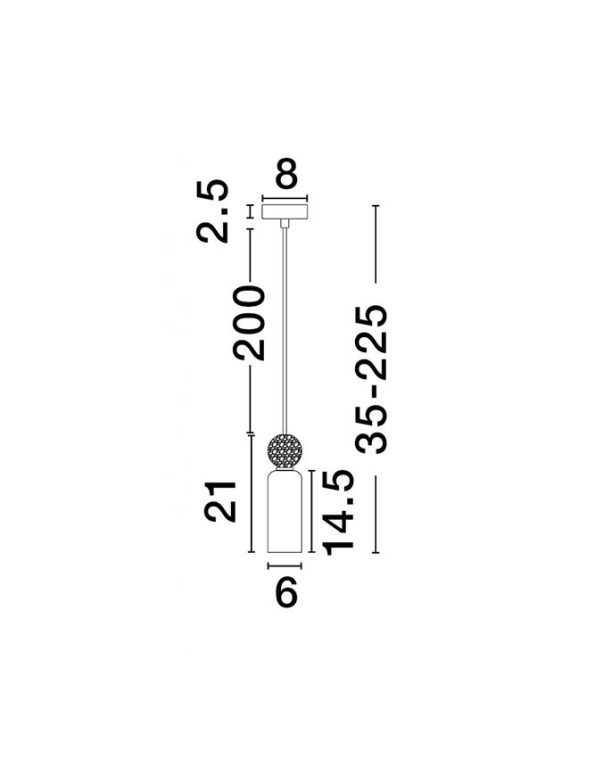Technical diagram of a pendant light: a spherical textured bulb atop a rectangular stem, with height and width measurements and connectors shown.