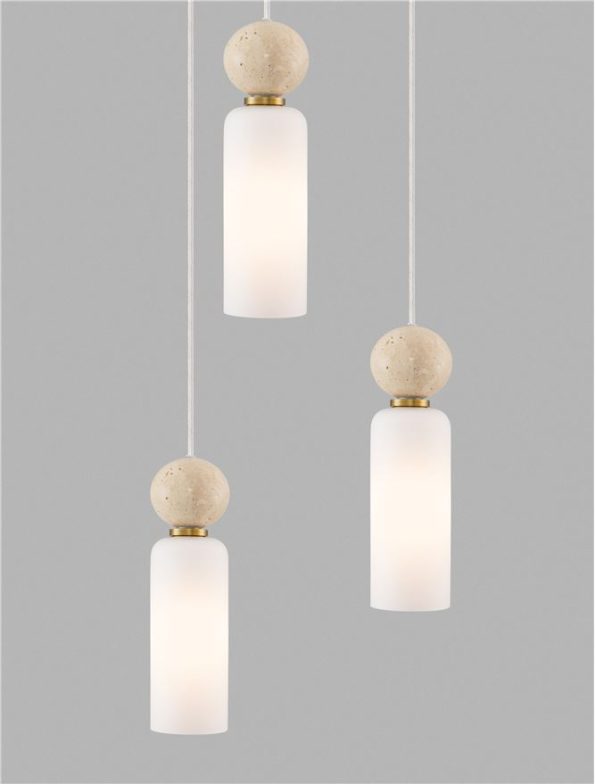 Three frosted glass pendant lights with beige stone knobs hanging at varying heights against a gray background.