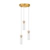 Three white cylindrical pendant lights hanging at different heights from a round brass ceiling plate, connected by cords with small wooden beads.