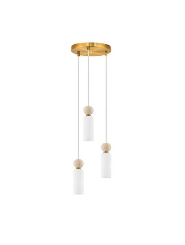 Three white cylindrical pendant lights hanging at different heights from a round brass ceiling plate, connected by cords with small wooden beads.