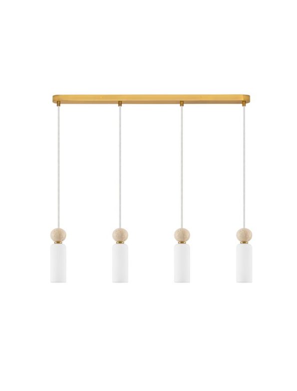 Four minimalist pendant lights with white cylindrical shades and wooden accents hanging from a wooden rod.