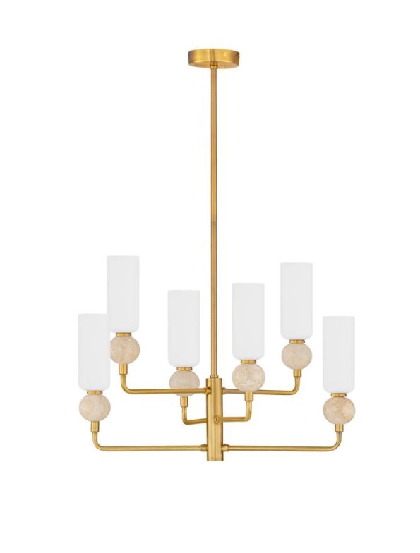 Gold metal chandelier with multiple white cylindrical shades arranged around a central frame, hanging from a ceiling mount.