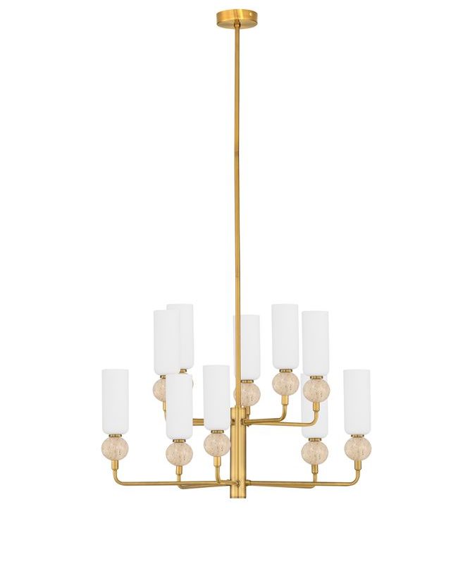 Gold chandelier with twelve white cylindrical shades, arranged around a central stem and hanging from a ceiling mount.