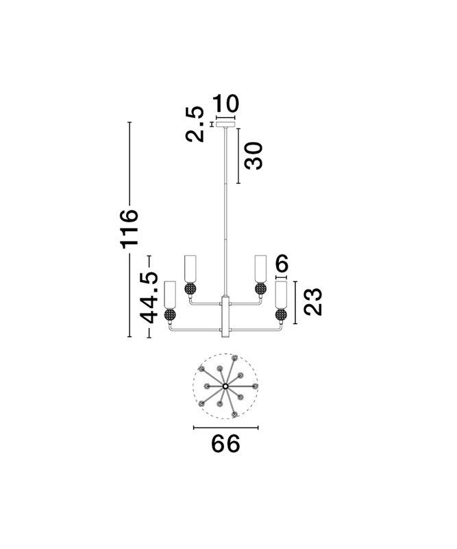 Technical schematic of a ceiling chandelier: central vertical stem with four candle-style lamps on curved arms; shown dimensions include height 116 cm and width 66 cm.