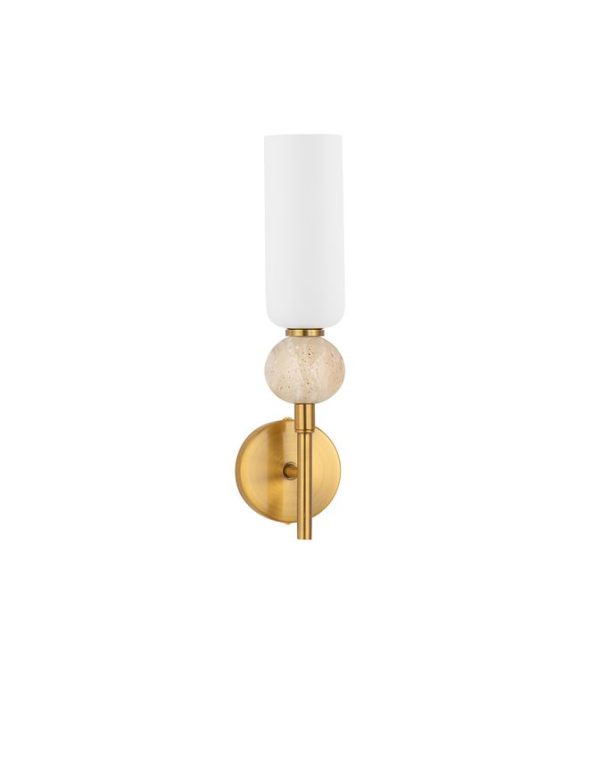 Gold wall sconce with a white cylindrical shade and a wood bead accent on the arm, mounted to a brass plate.