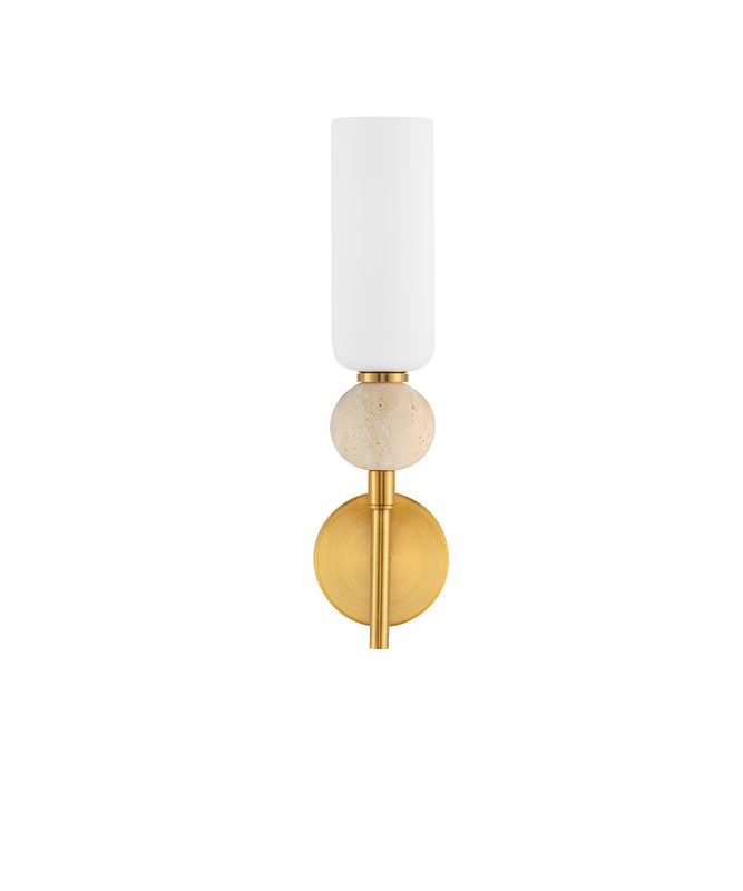 Gold wall sconce with a cylindrical white shade and a beige marble bead in the middle, mounted on a brass base.