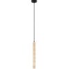 Pendant light with a long black cord and a beige cylindrical wooden shade hanging from a black ceiling mount.