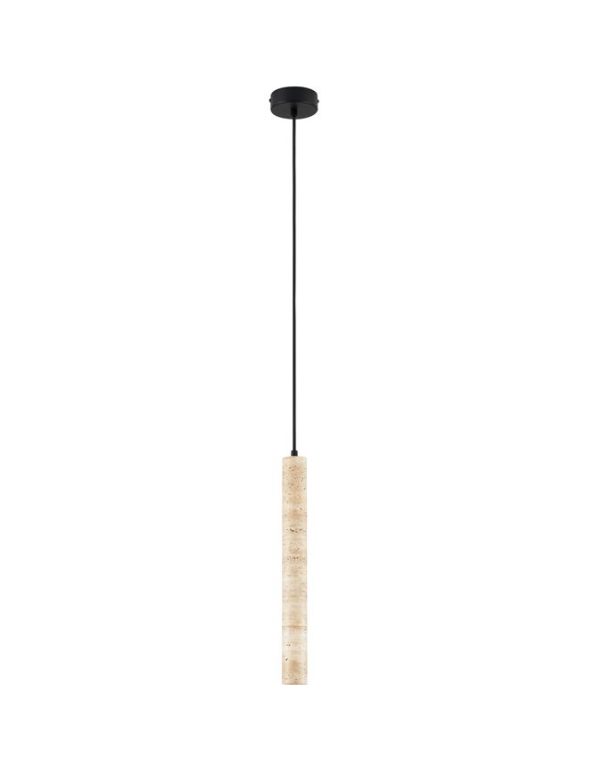 Pendant light with a long black cord and a beige cylindrical wooden shade hanging from a black ceiling mount.