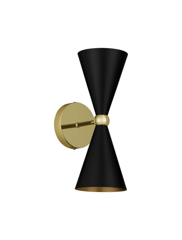 Gold and black double-cone wall sconce with a central gold connector on a circular wall mount