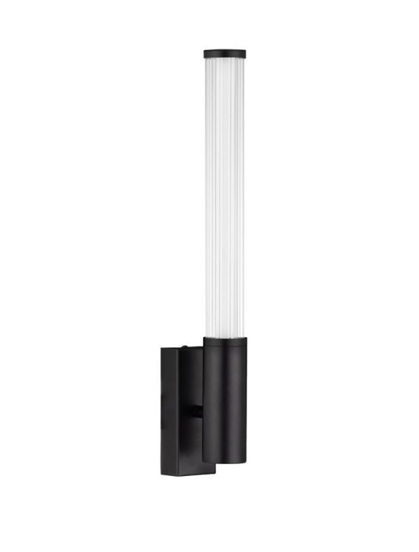 Outdoor wall sconce with a tall clear ribbed glass tube and black metal mount.