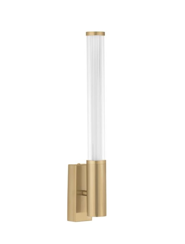 Brass wall-mounted sconce with a tall clear glass cylinder housing a light bulb