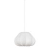 White hanging pendant lamp with a round, pleated fabric shade. Technical: a suspended white fabric lampshade on a cord.